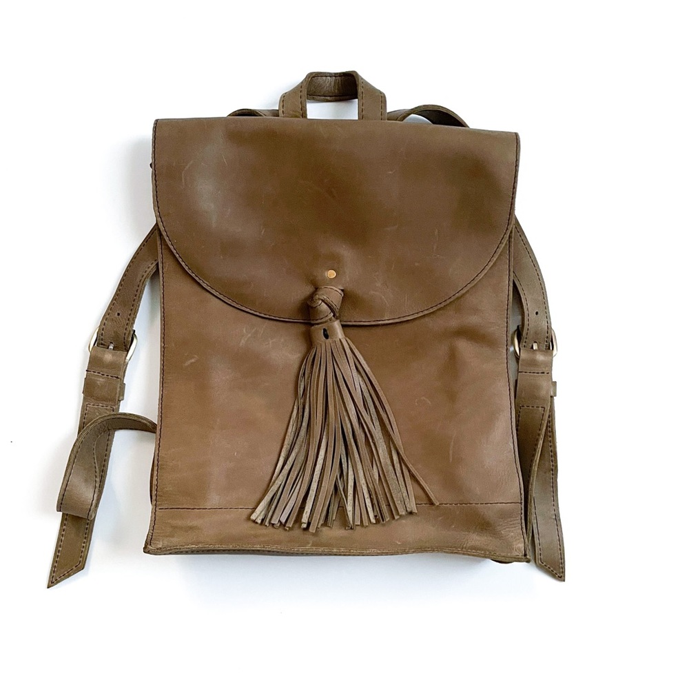 Raven + Lily Emerson Brown Leather Tassle Fold Over Large Backpack